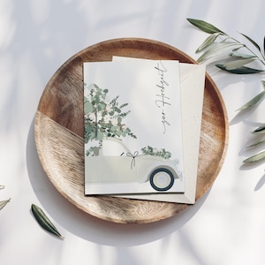 Klappkarte Hochzeit Auto mit Eukalyptus, mit Umschlag, Karte Sprüche, Karte Hochzeit, handgezeichnete botanische Zeichnung, FSC Papier