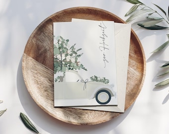 Voiture de mariage de carte pliante avec eucalyptus, avec enveloppe, paroles de carte, mariage de carte, dessin botanique dessiné à la main, papier FSC