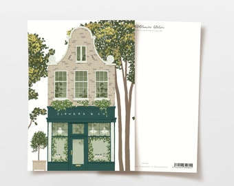 Postkarte Gemütliches Café mit Blumen, handgezeichnete botanische Zeichnung, Freundschaft Karte, Einzug Karte, Grußkarte, FSC Papier