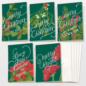 Kaartenset 5 extra dikke vouwkaarten met enveloppen voor Kerstmis, groeten met maretak, Ilex, poinsettia & amaryllis