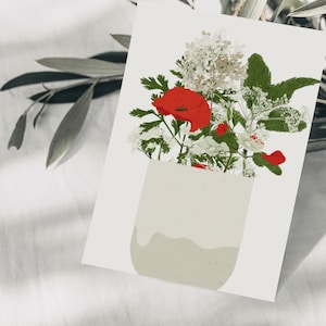 Cartão postal com flores vermelhas e brancas em caneca feita à mão, desenho botânico feito à mão, cartão de felicitações para presente, papel FSC