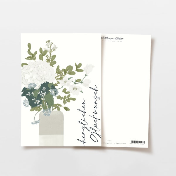 Postkarte Blumen herzlichen Glückwunsch, handgezeichnete botanische Zeichnung, Postkarte Geburtstag, Karte Hochzeit, Grußkarte, FSC Papier