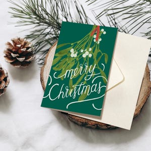 Biglietto pieghevole extra spesso vischio con fiocco rosso, con busta, biglietto di Natale con scritte disegnate a mano