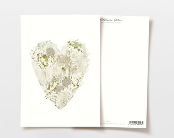 Postkarte Blumen Herz weiß, handgezeichnete botanische Zeichnung, Geburtstag Karte, Hochzeit Karte, Danke Karte, Grußkarte, FSC Papier