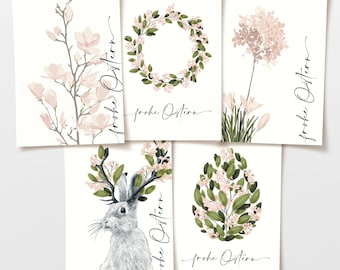 Ostern Postkarten Set 5 Karten, rosa Blumen Kranz, handgezeichnete botanische Zeichnung mit Spruch, umweltfreundlicher Ostergruß, Osterdeko