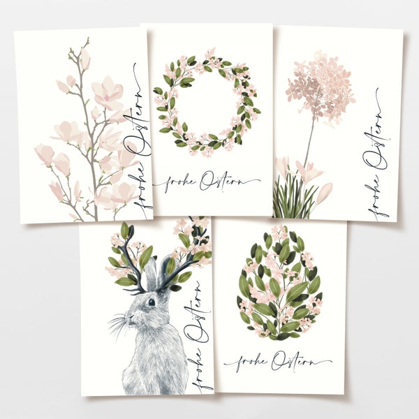 Easter postcard set of 5 cards, pink flowers wreath, hand-drawn botanical drawing with saying, environmentally friendly Easter greeting, Easter decoration