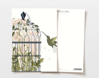 Carte postale colibri avec fleurs dans une cage, dessin botanique dessiné main, carte postale anniversaire, carte d'amitié, carte de voeux, papier FSC