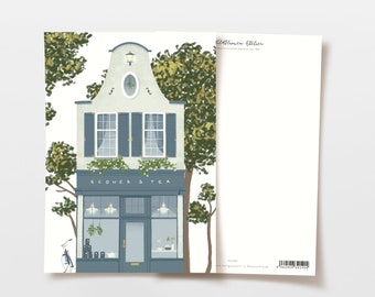 Café de carte postale dans le style d’Amsterdam, dessin botanique dessiné à la main, maison de thé anglaise, carte d’amitié, carte de vœux, papier FSC