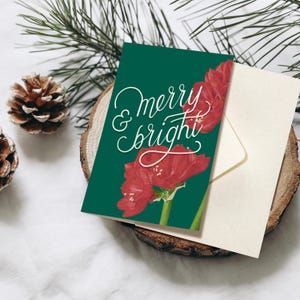 Biglietto pieghevole extra spesso per Natale con busta, fiore di amaryllis rosso, biglietto di Natale con scritte disegnate a mano