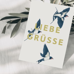 Postkarte liebe Grüße Schwalben, handgezeichnete Vögel, gelbes Lettering, Freundschaftskarte, Postkarte Geburtstag, FSC Papier