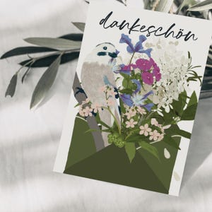 Carte postale de remerciement avec fleurs violettes et oiseaux, dessin botanique dessiné à la main, carte de remerciement, paroles de carte postale, carte de vœux, papier FSC