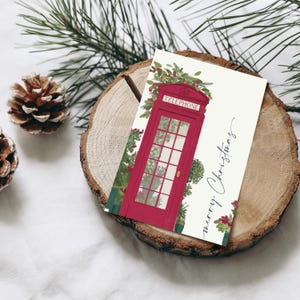 Cartolina natalizia nostalgica cabina telefonica, cartolina di Natale, etichetta regalo Natale, carta FSC