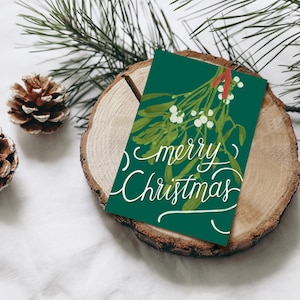 Cartolina extra spessa Buon Natale, vischio con fiocco rosso, scritte per cartoline di Natale, etichetta regalo