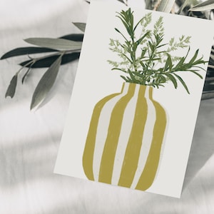 Vaso de cartão postal com listras amarelas e galhos, desenho botânico feito à mão, cartão de felicitações para presente, papel FSC