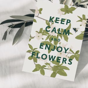 Postkarte keep calm Kirschblüten und Hummel, handgezeichnete botanische Zeichnung, Geburtstag Karte, Genesungskarte, Grußkarte, FSC Papier
