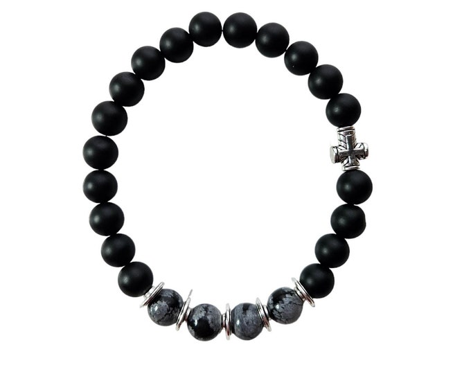 Truly blessed Mens bracelet with black onyx and snowflake obsidian gemstone beads and antique silver cross bead.