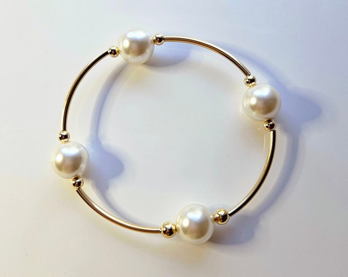 Truly Blessed, count your blessings bracelet with 14kt gold filled beads and Austrian crystal white pearls.