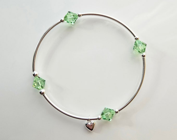 Truly Blessed, count your blessings peridot Birthstone bracelet with silver heart charm for August birthday