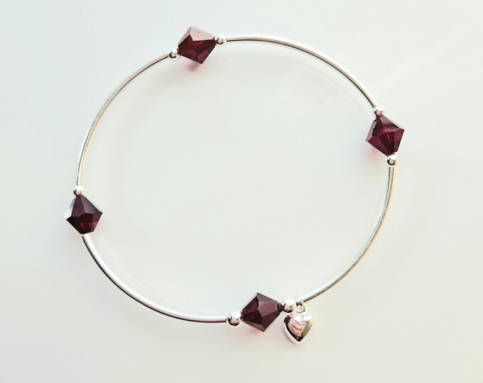 Truly Blessed, count your blessings bracelet with garnet birthstone and silver heart charm for January birthdays