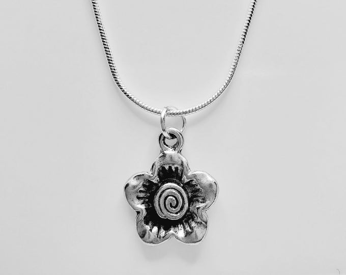 Silver Forget me not flower pendant necklace with silver snake chain