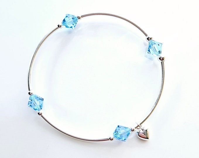 Truly Blessed, count those blessings aquamarine birthstone bracelet with silver heart charm for March birthday