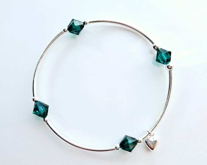 Truly Blessed, count your blessings bracelet with emerald birthstone and silver heart charm for May birthdays