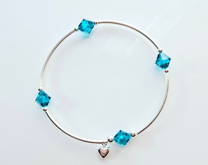 Truly Blessed, count your blessings bracelet with Blue zircon birthstone and silver heart charm for December birthdays