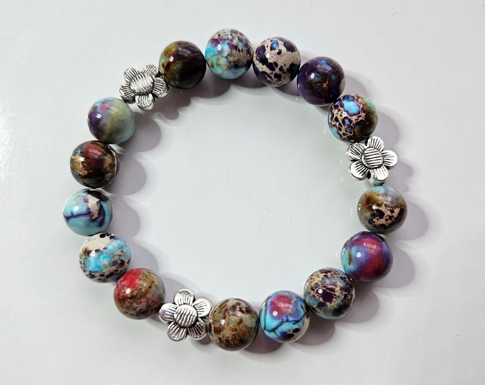 Purple, red and light blue imperial jasper gemstone beads with silver flower beads.