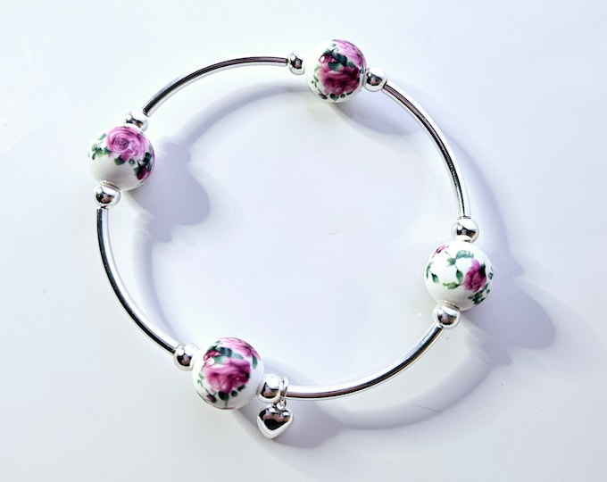 Truly Blessed, count those blessings bracelet with white porcelain beads with hand painted rose floral design and silver heart charm.