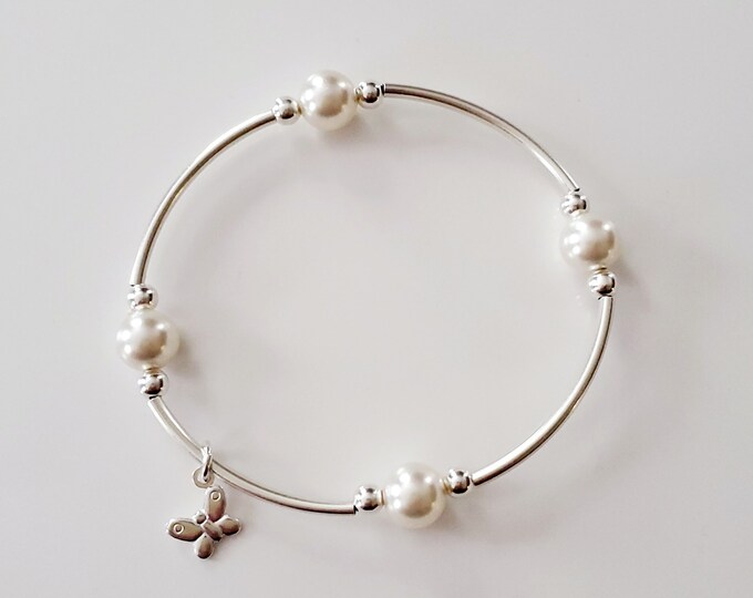 Young girls Sterling silver Butterfly Blessing, beautiful like a butterfly bracelet with white pearls and silver butterfly charm