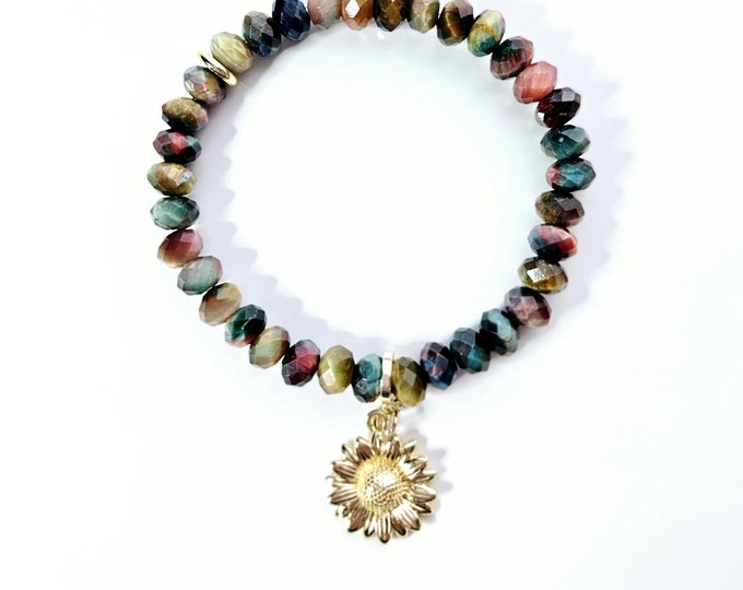 Beautiful rainbow tiger eye gemstone bead bracelet with 14kt gold filled sunflower charm.