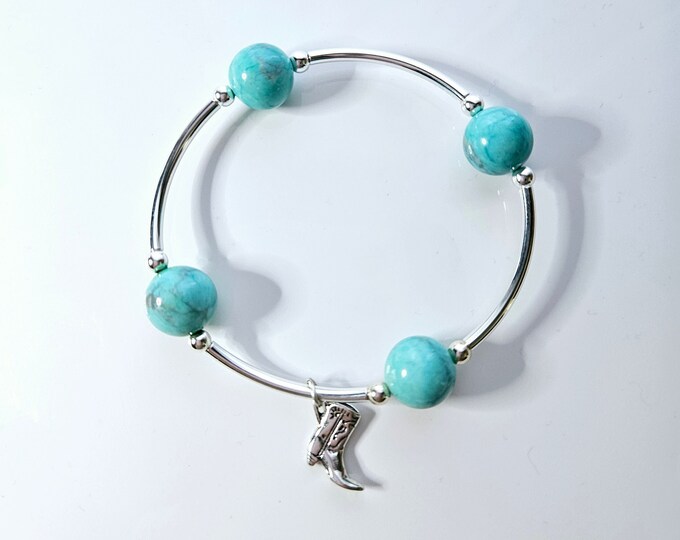 Truly Blessed, count those blessings bracelet with turquoise blue gemstone bead and sterling silver cowgirl boot charm.