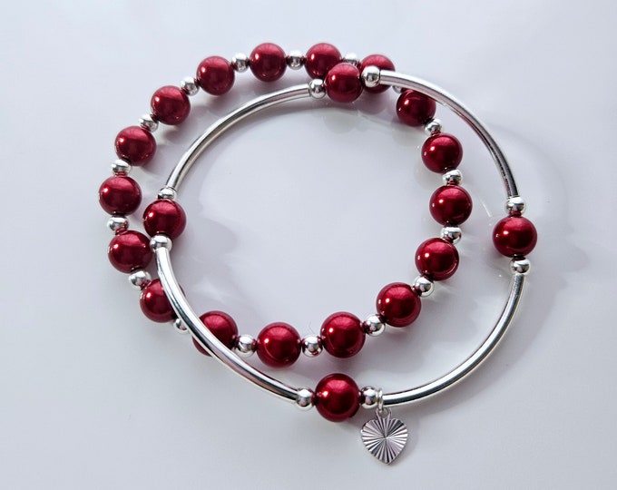 Truly Blessed, count your blessings bracelet duo with red pearls and silver heart charm.