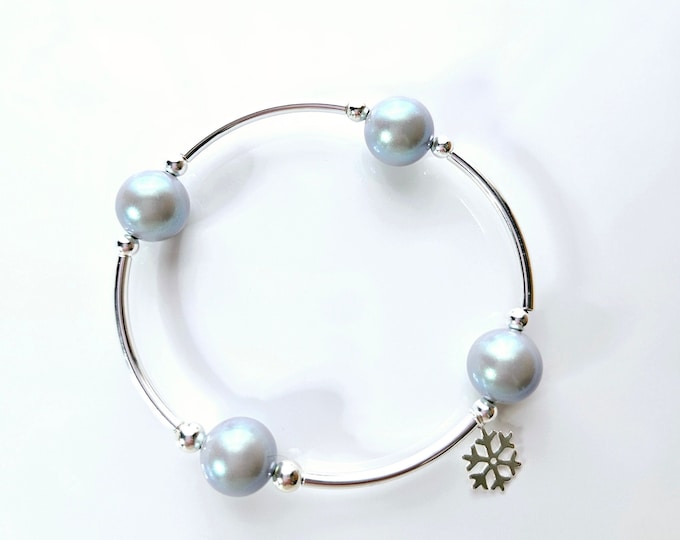 Truly Blessed, count those blessings bracelet with crystal ice blue pearls, sterling silver beads and silver snowflake charm.