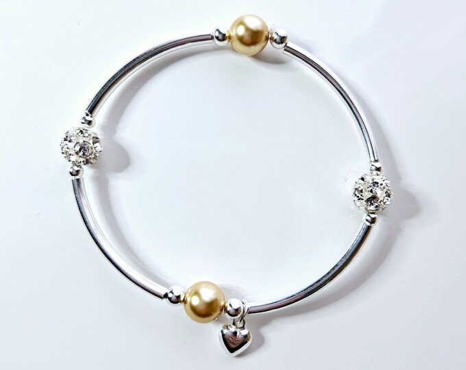 Truly Blessed bracelet with Austrian crystal gold pearls, pave crystal beads and silver heart.