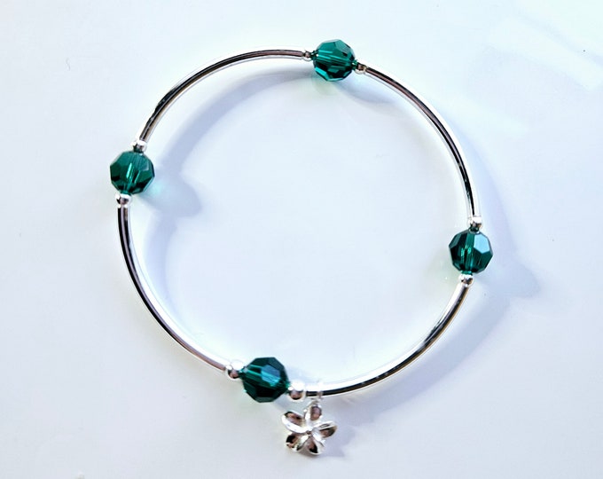 Truly Blessed, count your blessings bracelet with emerald birthstone silver flower charm for May birthdays
