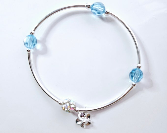 Truly Blessed, count your blessings aquamarine birthstone and silver charm for March birthdays