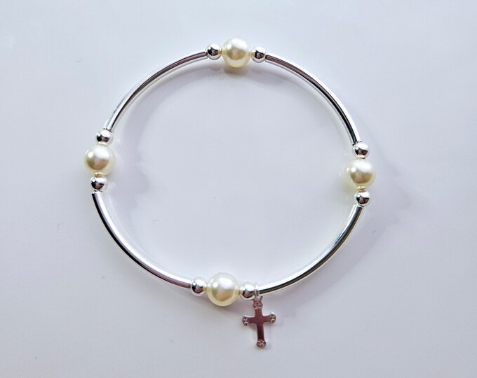 Truly blessed young girls bracelet with white, soft pink or blue Austrian crystal pearls and silver cross, or heart charm.