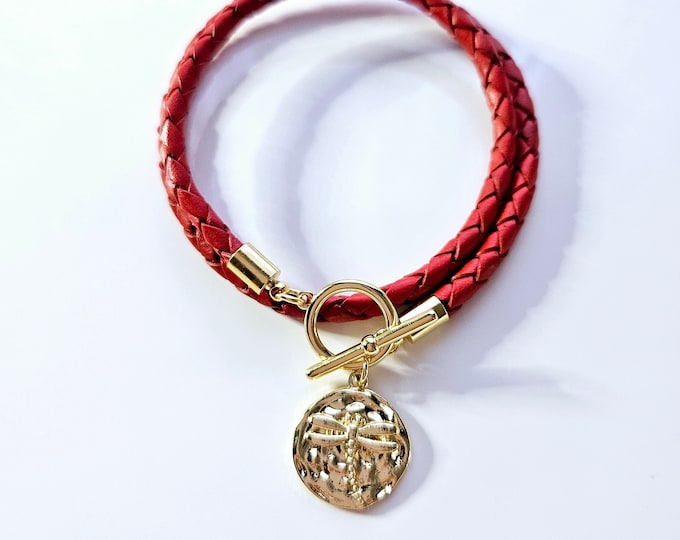 Gold Dragonfly medallion leather wrap charm bracelet with gold toggle clasp