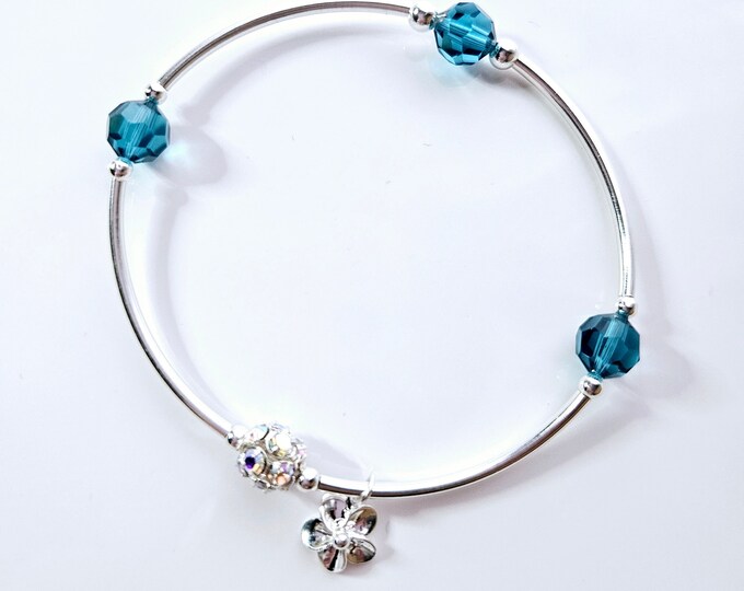 Truly Blessed, count your blessings bracelet with blue zircon Birthstone and silver charm for December birthdays