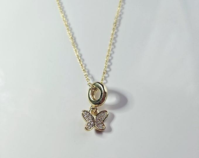 Butterfly add on charm necklace gold filled with clear cz micro pave on gold filled cable chain