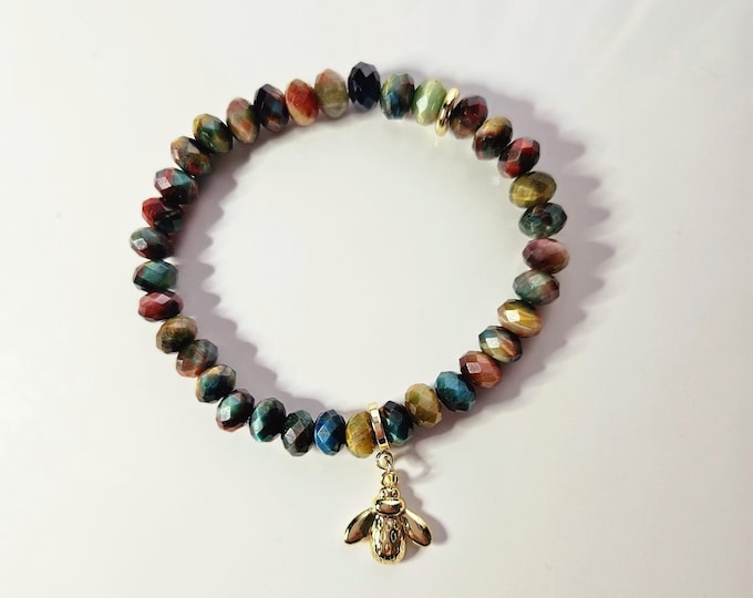 Bumblebee charm bracelet with rainbow tiger eye gemstone beads.