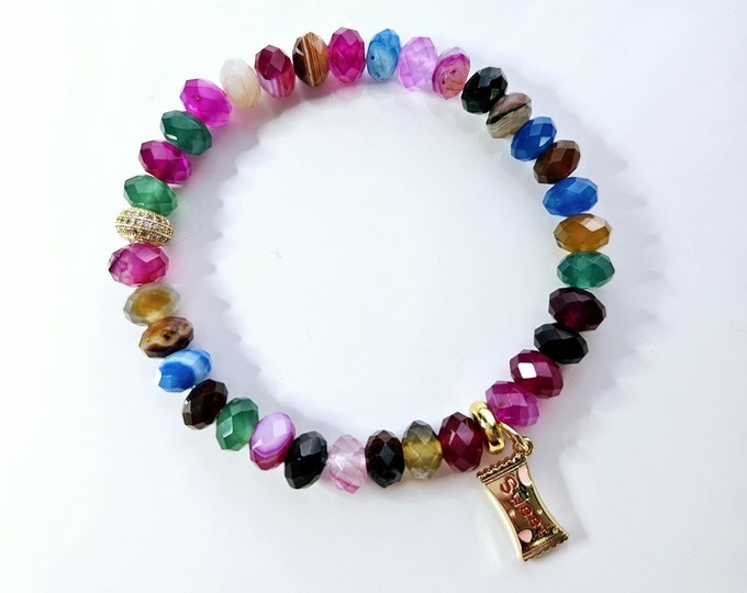 Rainbow gemstone Candy bracelet with 14kt gold filled sweet charm.