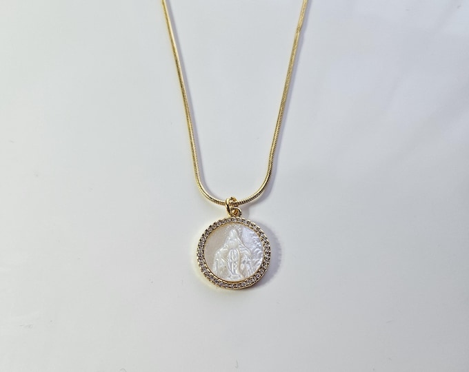 18kt gold mother of pearl virgin mary pendant necklace on 18kt gold filled snake chain.