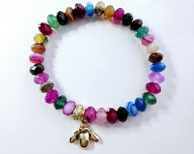 Rainbow gemstone Candy bracelet with 14kt gold filled bumblebee charm.