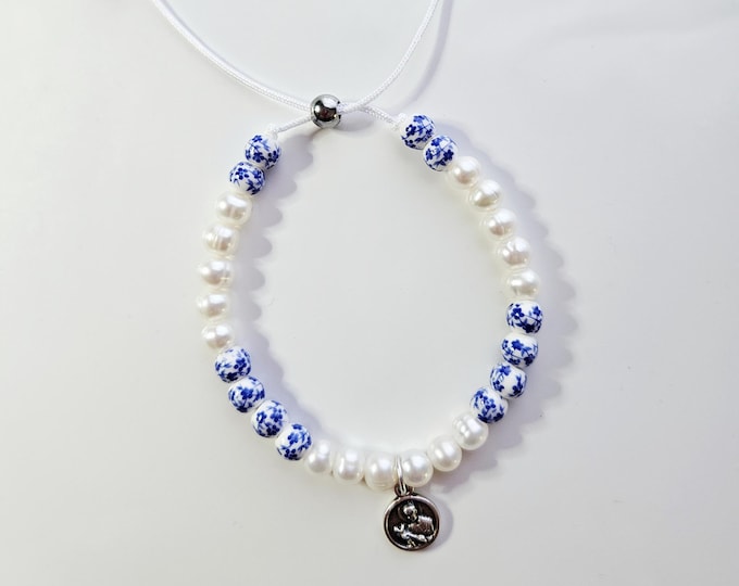 ST. GERARD, The Patron Saint of pregnant women and children with white fresh water pearl beads blue floral ceramic beads  and charm.