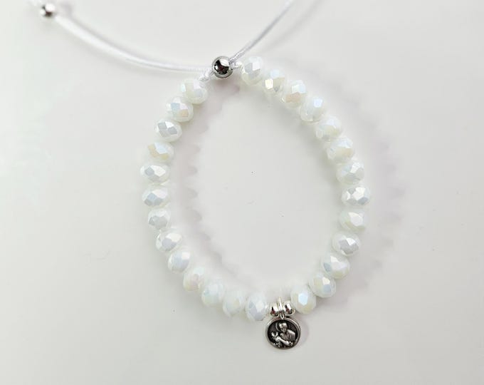 ST. GERARD, The Patron Saint of pregnant women and children with white moonstone beads and charm.