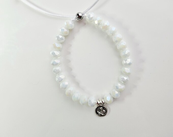ST. GERARD, The Patron Saint of pregnant women and children with white moonstone beads and charm.