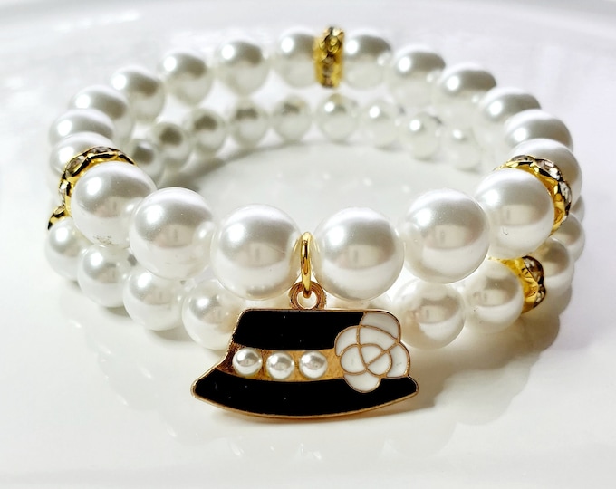 Austrian crystal pearl bracelet set with enamel charm