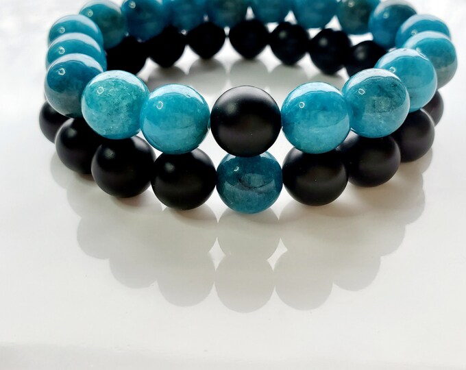 Blue apatite and black onyx couples bracelet set